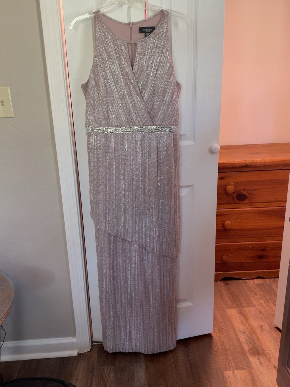 R&M Richards Blush Pink Shimmer Beaded-Waist Maxi Dress